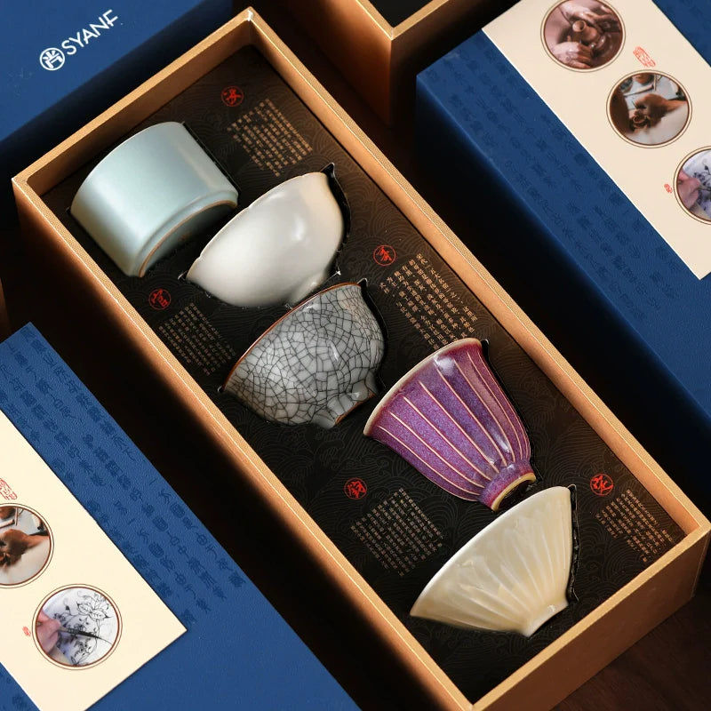 Five famous kiln tea cup set Chinese high-end ceramic master cup tea cup tea cup tea set gift box